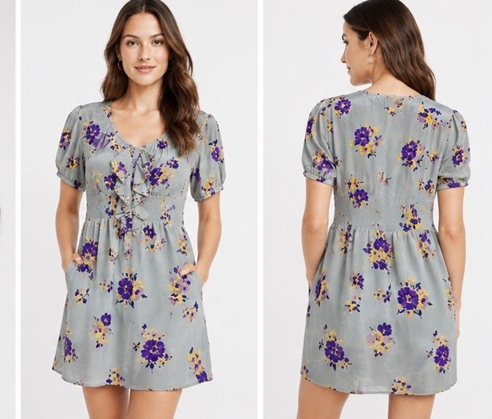 REBECCA TAYLOR WOMENS GRAY PURPLE FLORAL 100% SILK RUFFLE MINI DRESS